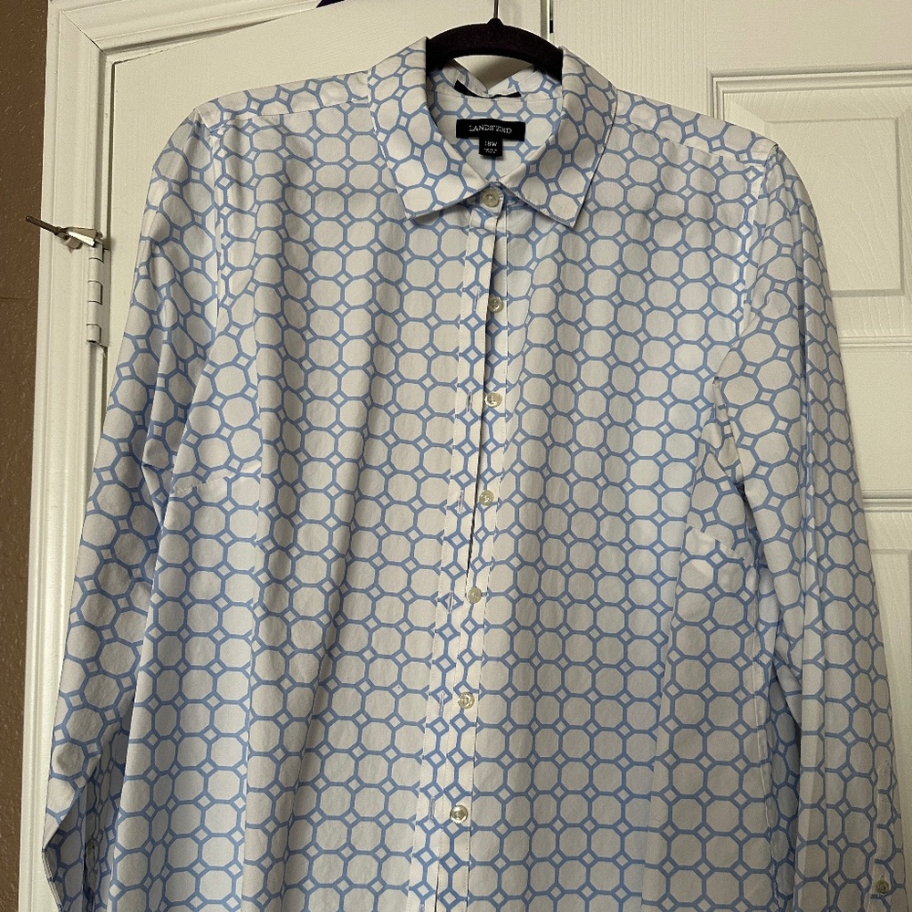 Lands' End 18W No Iron 100% Supima Cotton Allover Print Long Slv Button Down Top